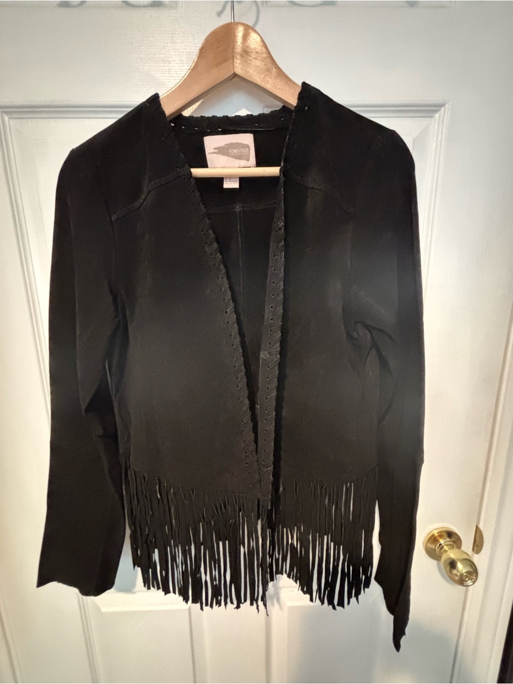 Forever 21 Black Fringe Open-Front Suede Jacket